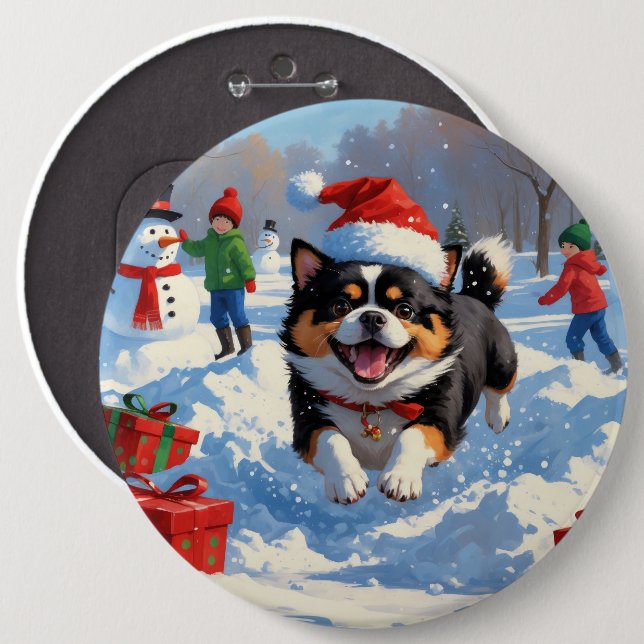 Japanese Chin Running in Snow with Christmas Hat 6 Cm Round Badge (Front & Back)