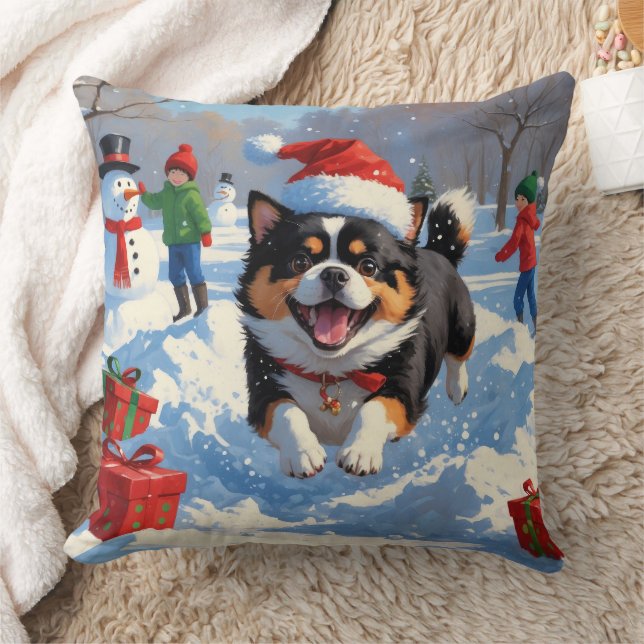 Japanese Chin Running in Snow with Christmas Hat Cushion (Blanket)