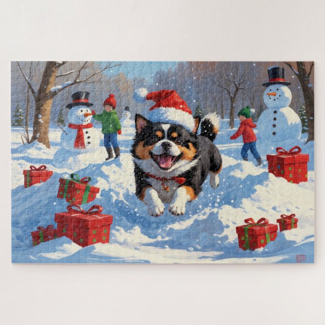 Japanese Chin Running in Snow with Christmas Hat Jigsaw Puzzle (Horizontal)
