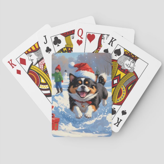 Japanese Chin Running in Snow with Christmas Hat Playing Cards (Back)