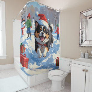 Japanese Chin Running in Snow with Christmas Hat Shower Curtain