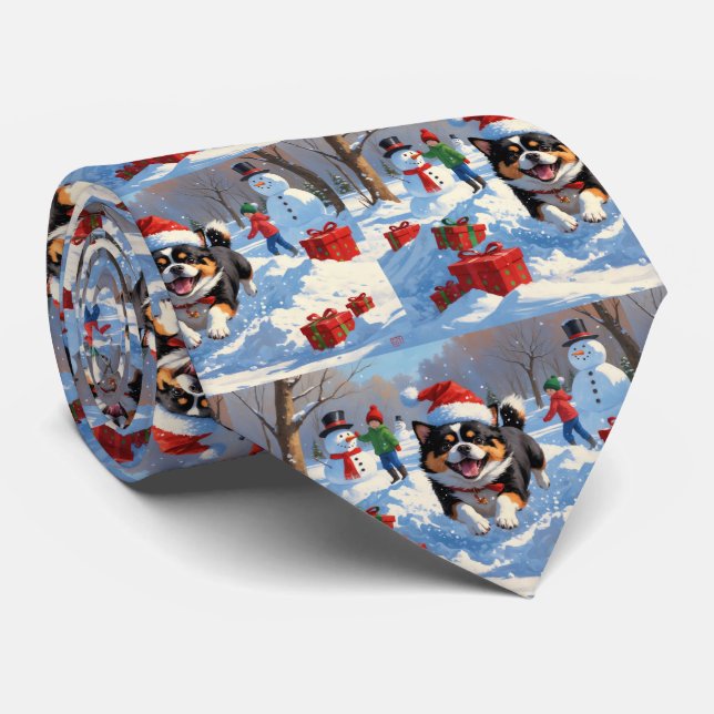 Japanese Chin Running in Snow with Christmas Hat Tie (Rolled)