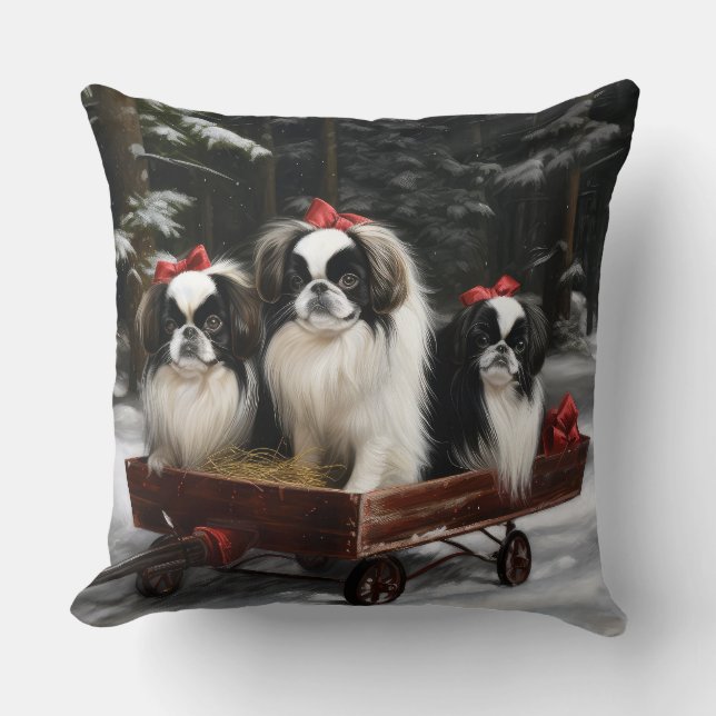 Japanese Chin Snowy Sleigh Christmas Decor Cushion (Front)