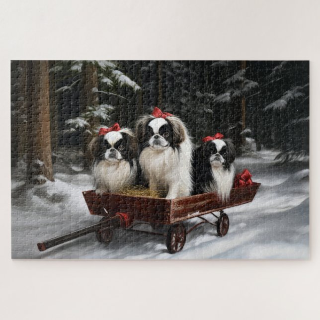 Japanese Chin Snowy Sleigh Christmas Decor Jigsaw Puzzle (Horizontal)