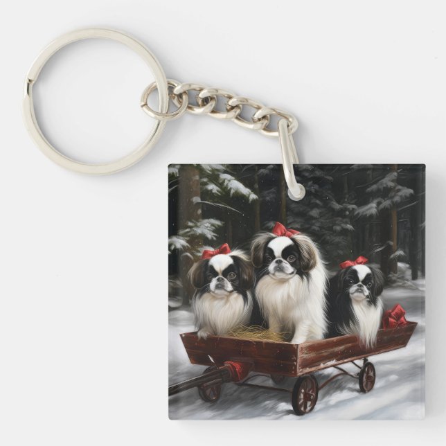 Japanese Chin Snowy Sleigh Christmas Decor Key Ring (Front)
