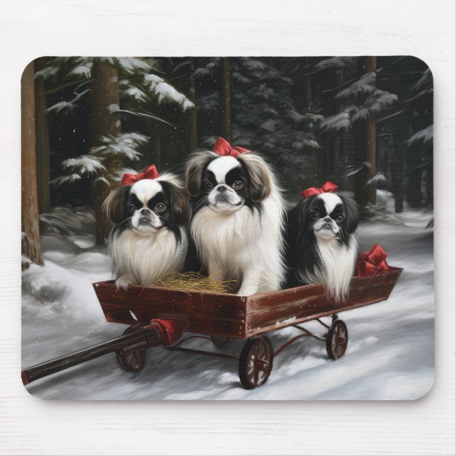 Japanese Chin Snowy Sleigh Christmas Decor Mouse Pad (Front)
