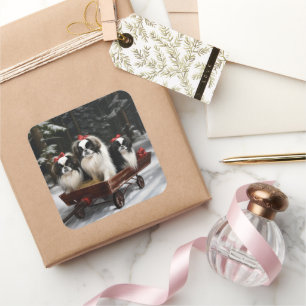 Japanese Chin Snowy Sleigh Christmas Decor Square Sticker