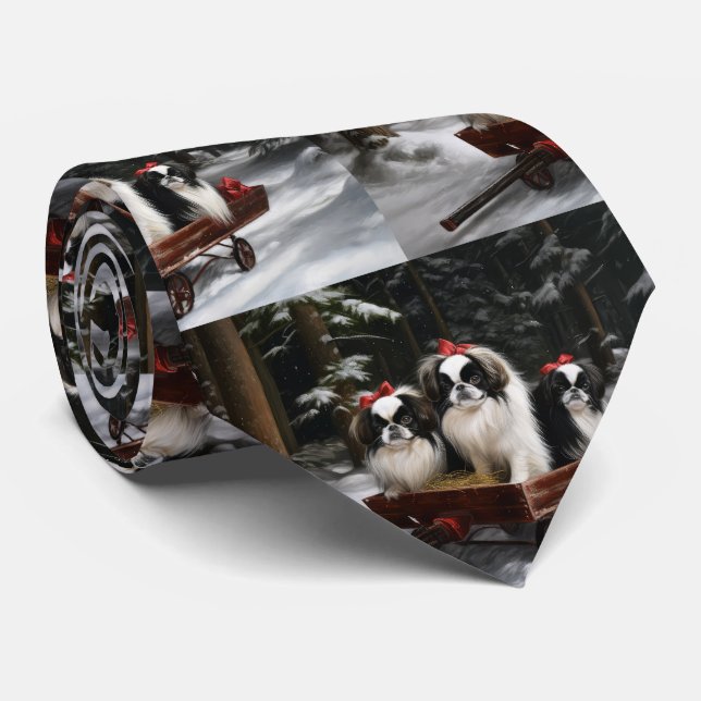 Japanese Chin Snowy Sleigh Christmas Decor Tie (Rolled)