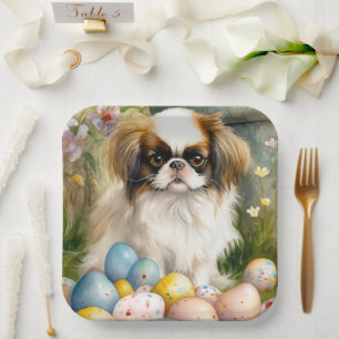 Japanese Chin with Easter Eggs Paper Plate