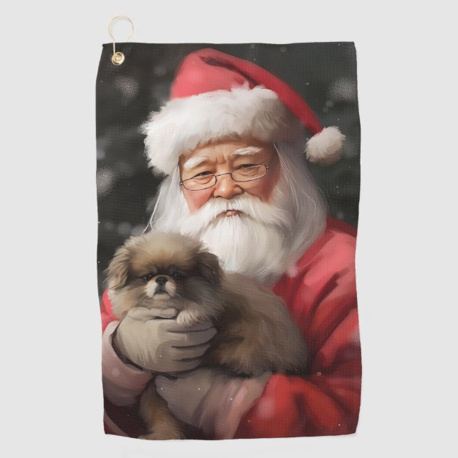 Japanese Chin With Santa Claus Festive Christmas Golf Towel (Front)
