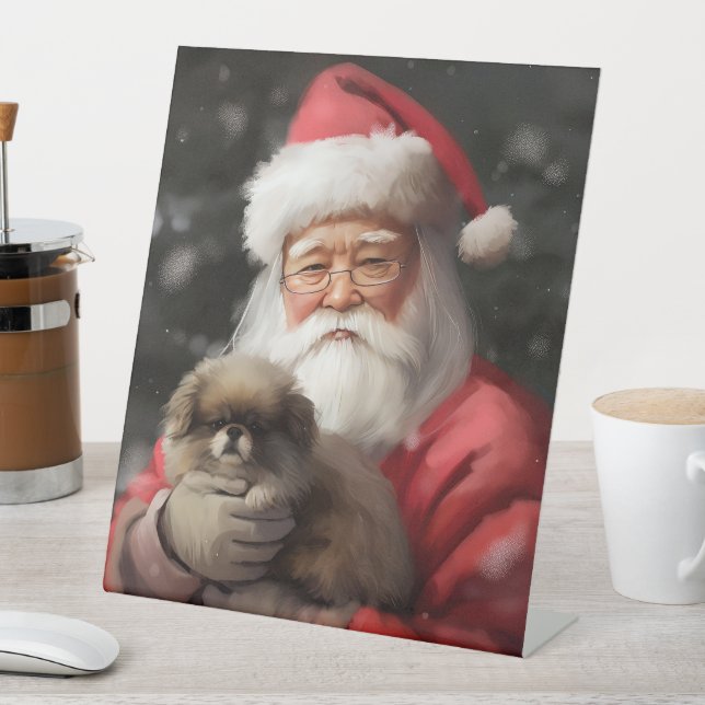 Japanese Chin With Santa Claus Festive Christmas Pedestal Sign (In SItu)
