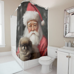 Japanese Chin With Santa Claus Festive Christmas Shower Curtain