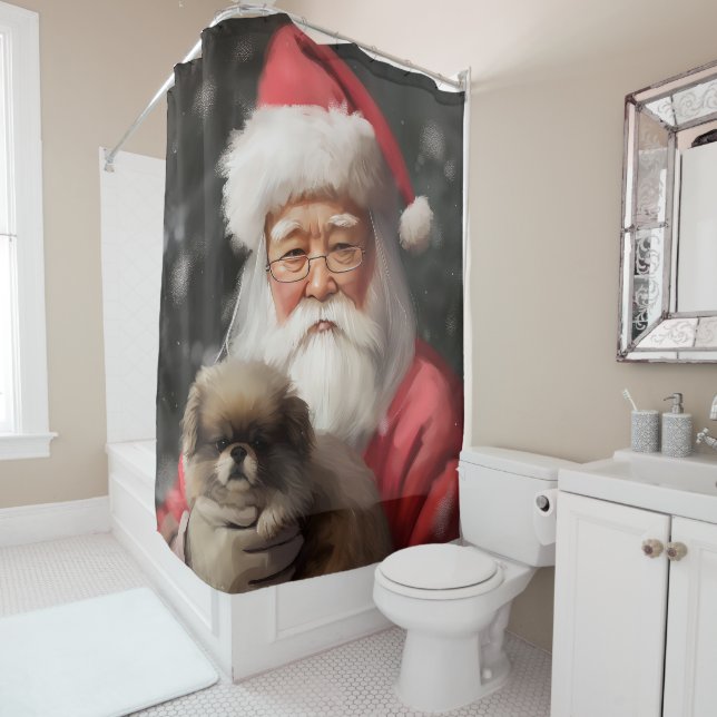 Japanese Chin With Santa Claus Festive Christmas Shower Curtain (In Situ)