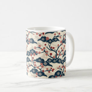 Japanese Chiyogami Ume Red Coral Indigo Cream Coffee Mug
