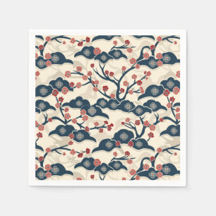 Japanese Chiyogami Ume Red Coral Indigo Cream Napkin