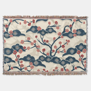 Japanese Chiyogami Ume Red Coral Indigo Cream Throw Blanket