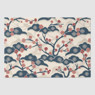 Japanese Chiyogami Ume Red Coral Indigo Cream Tissue Paper