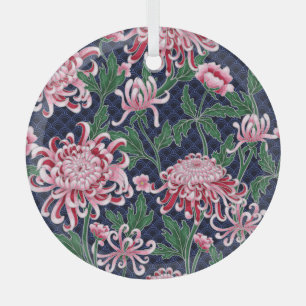 Japanese Chrysanthemum Peonies Vintage Pattern Glass Tree Decoration