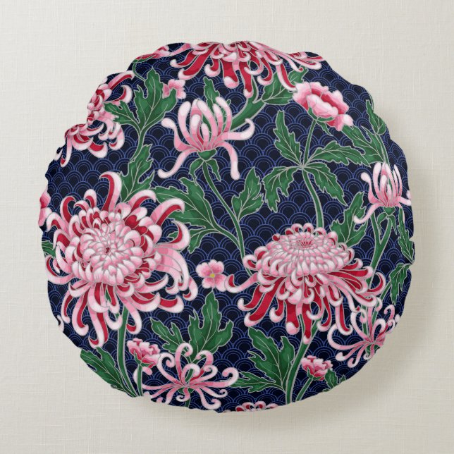 Japanese Chrysanthemum Peonies Vintage Pattern Round Cushion (Front)