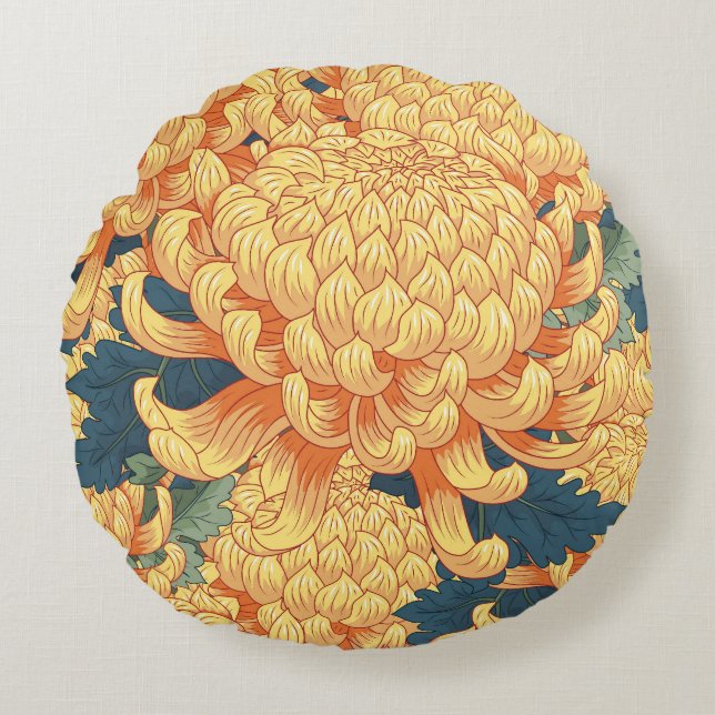 Japanese chrysanthemums: yellow floral pattern. round cushion (Front)