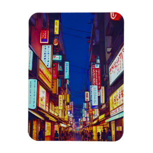 Japanese City Street At Night Magnet