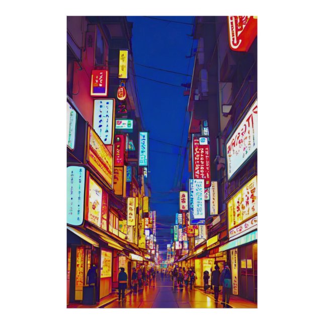 Japanese City Street At Night  Photo Print (Front)