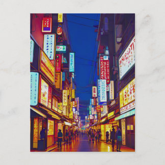 Japanese City Street At Night  Postcard