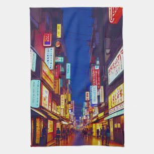 Japanese City Street At Night Tea Towel
