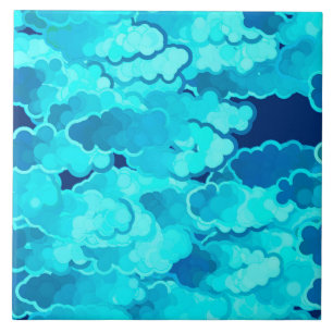 Japanese Clouds, Evening Sky, Turquoise and Indigo Ceramic Tile