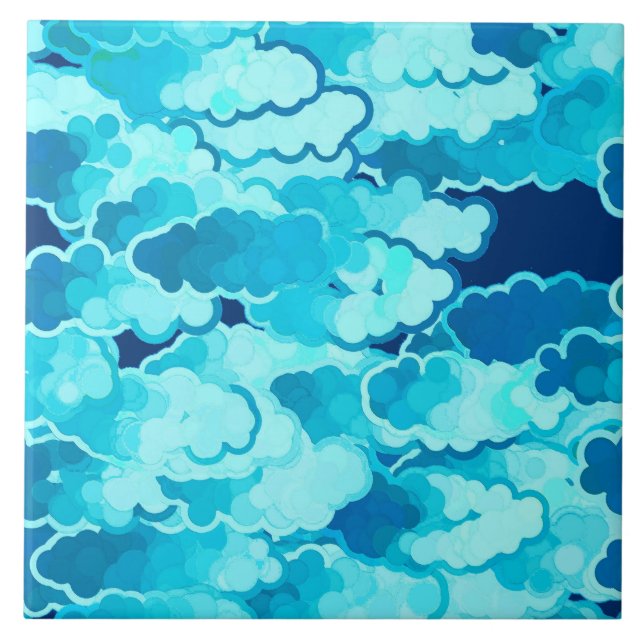 Japanese Clouds, Evening Sky, Turquoise and Indigo Ceramic Tile (Front)