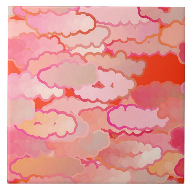 Japanese Clouds, Sunset, Coral, Fuchsia, Pink Ceramic Tile (Front)