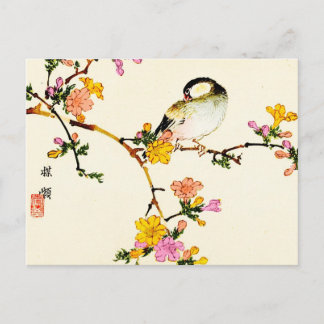 Japanese Colourful Flowers & Bird Postcard