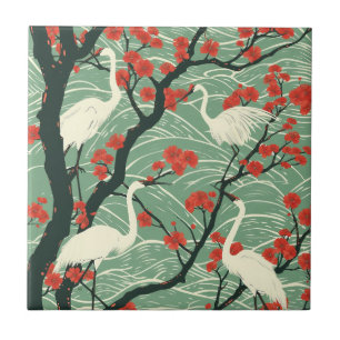 Japanese Crane and Cherry Blossom - Oriental Art Ceramic Tile