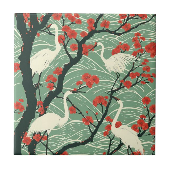 Japanese Crane and Cherry Blossom - Oriental Art Ceramic Tile (Front)