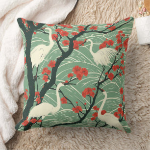 Japanese Crane and Cherry Blossom - Oriental Art Cushion