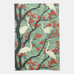 Japanese Crane and Cherry Blossom - Oriental Art Tea Towel