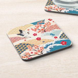 Japanese Crane and Cherry Blossom Waves Coaster