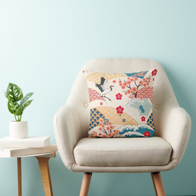 Japanese Crane and Cherry Blossom Waves Cushion (Chair)