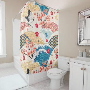 Japanese Crane and Cherry Blossom Waves Shower Curtain