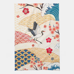 Japanese Crane and Cherry Blossom Waves Tea Towel
