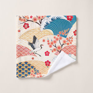 Japanese Crane and Cherry Blossom Waves Wash Cloth