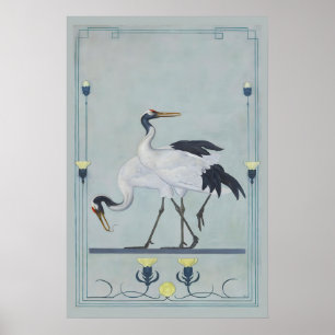 Japanese Crane Art Nouveau Print Green Floral Wall