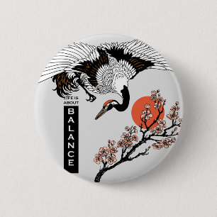 Japanese crane bird and blooming sakura 6 cm round badge