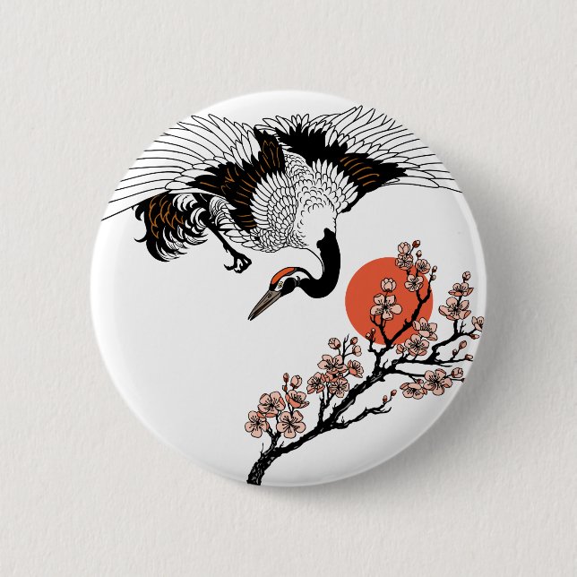 Japanese crane bird and blooming sakura 6 cm round badge (Front)