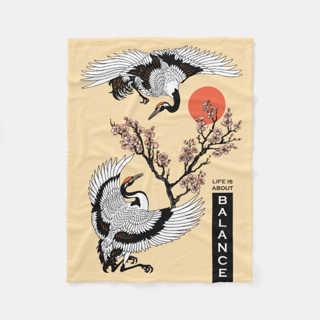 Japanese crane bird and blooming sakura fleece blanket (Front)