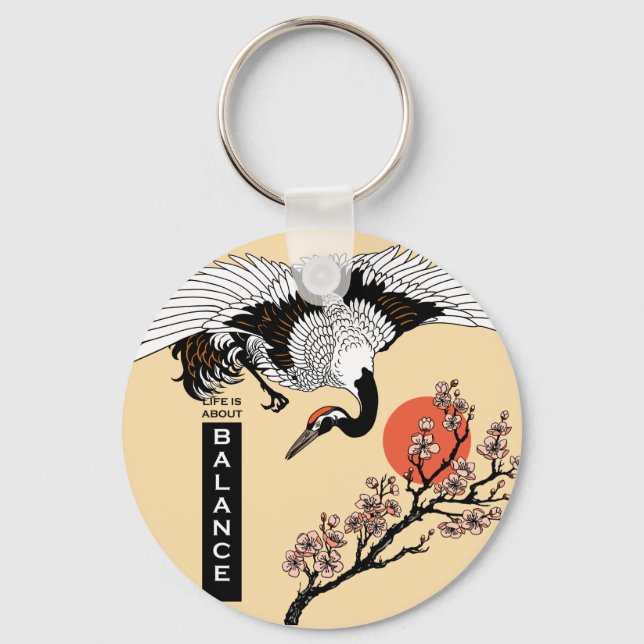 Japanese crane bird and blooming sakura key ring (Front)