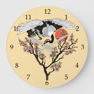 Japanese crane bird and blooming sakura large clock