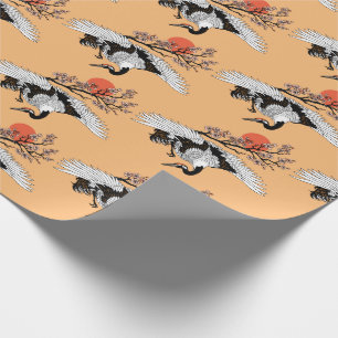 Japanese crane bird and blooming sakura wrapping paper