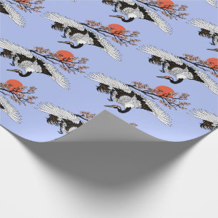 Japanese crane bird and blooming sakura wrapping paper