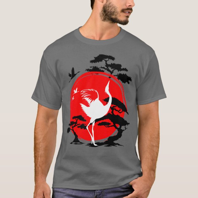 Japanese Crane Bird Bonsai Tree and Red Sun T-Shirt (Front)